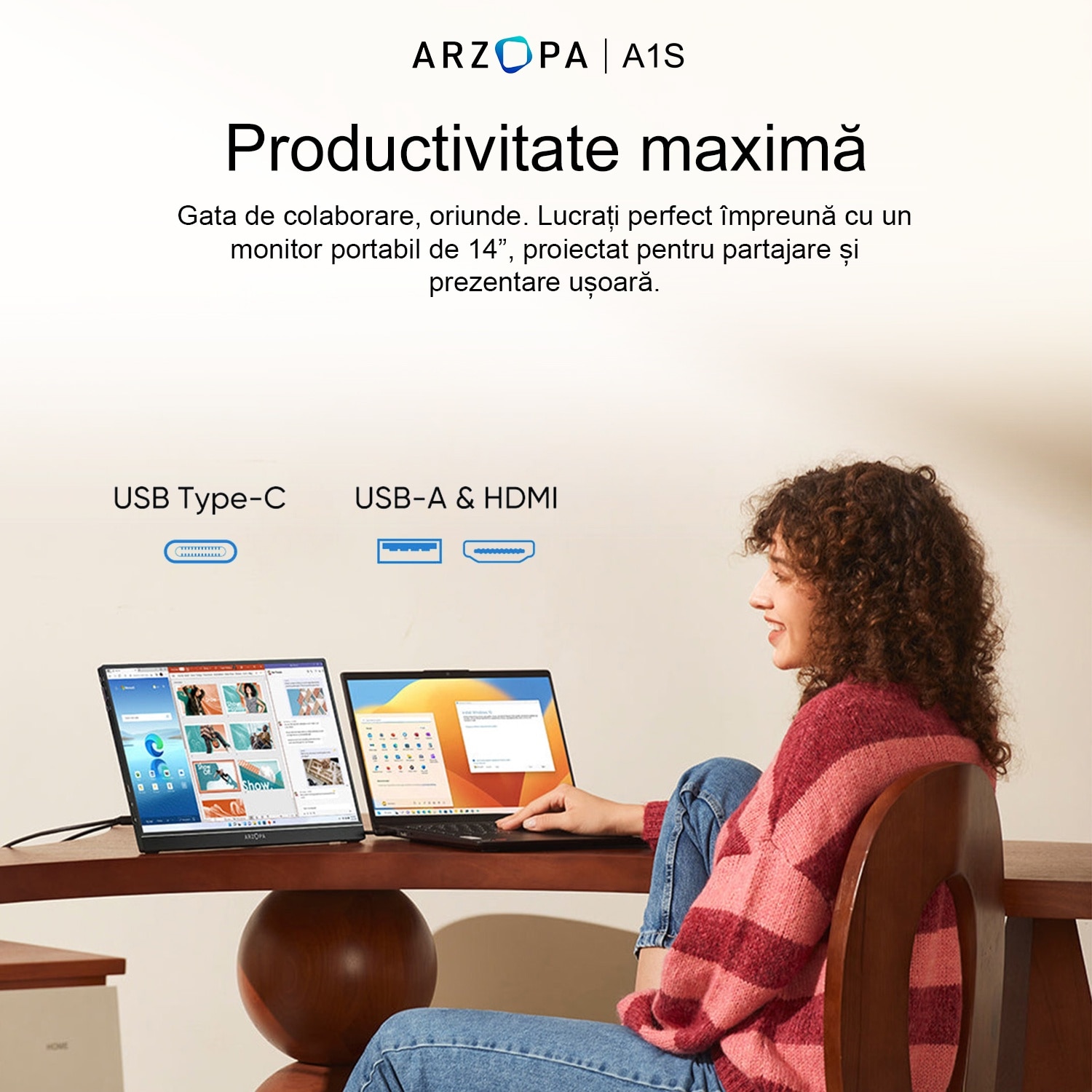 Monitor portabil ARZOPA A1S Ultra Slim, 14", Full HD, IPS, Wide, USB Type-C, Mini HDMI, Negru