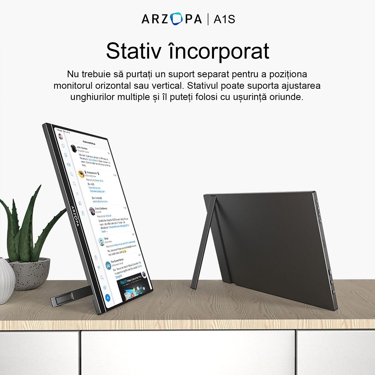Monitor portabil ARZOPA A1S Ultra Slim, 14", Full HD, IPS, Wide, USB Type-C, Mini HDMI, Negru