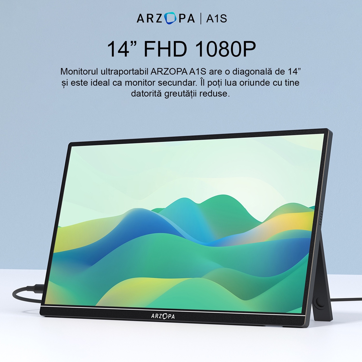 Monitor portabil ARZOPA A1S Ultra Slim, 14", Full HD, IPS, Wide, USB Type-C, Mini HDMI, Negru
