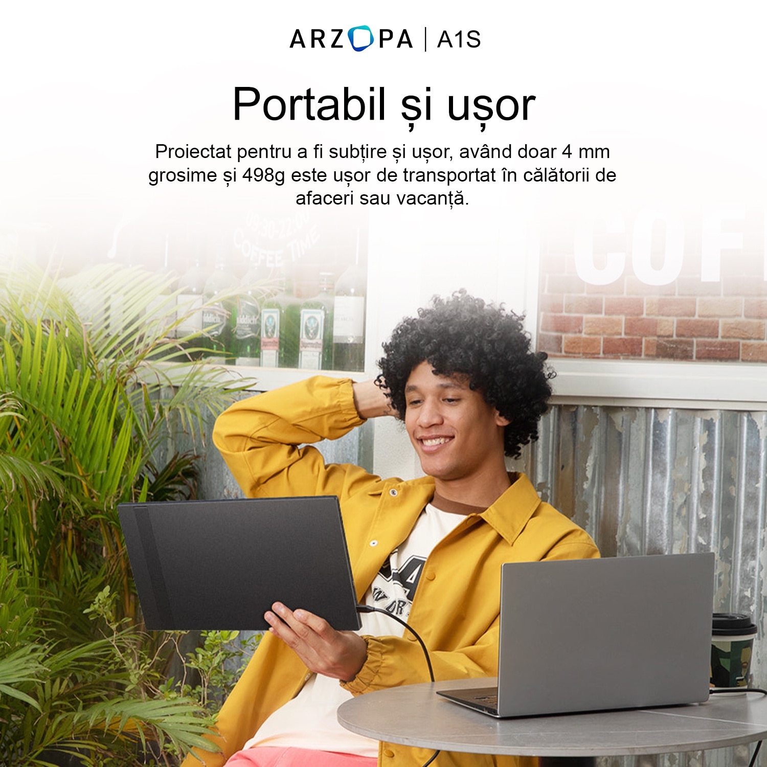 Monitor portabil ARZOPA A1S Ultra Slim, 14", Full HD, IPS, Wide, USB Type-C, Mini HDMI, Negru