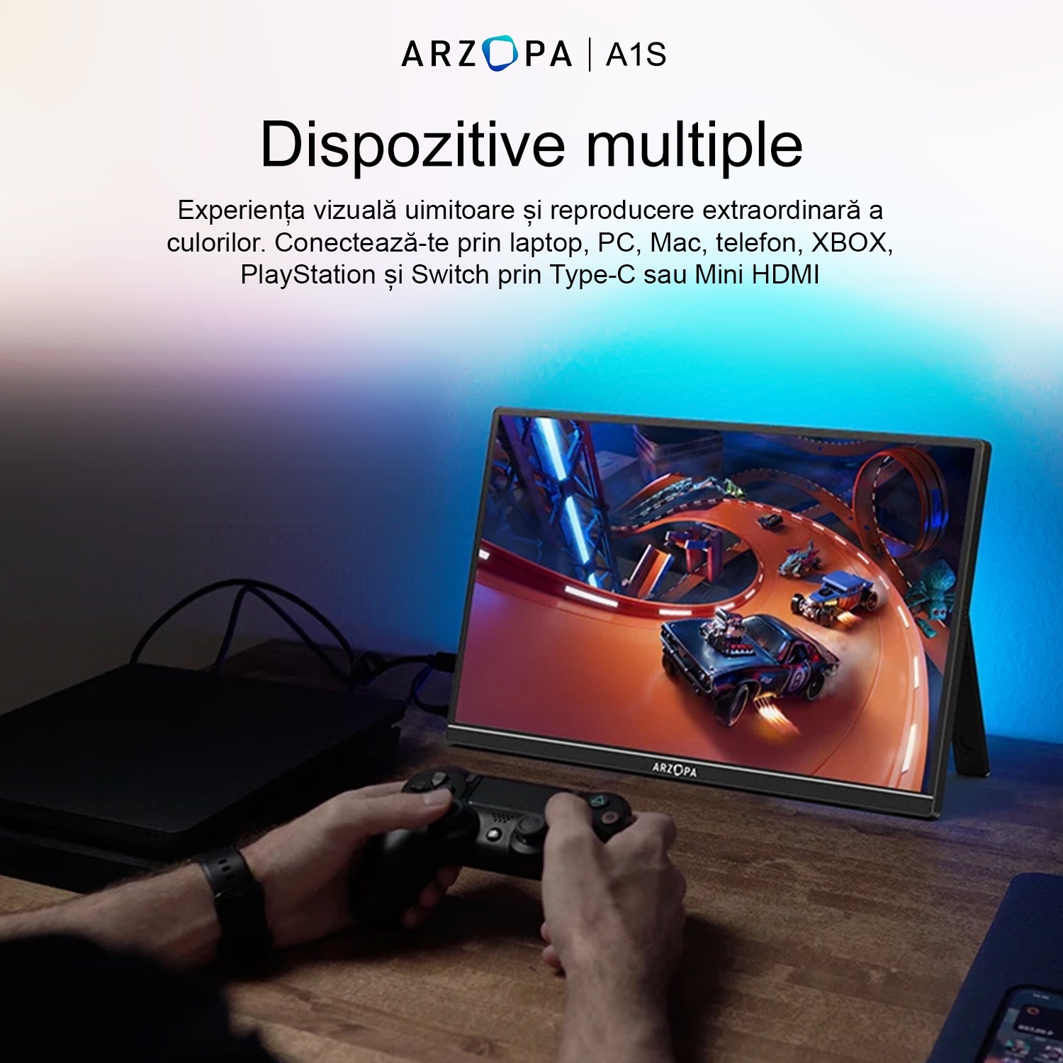 Monitor portabil ARZOPA A1S Ultra Slim, 14", Full HD, IPS, Wide, USB Type-C, Mini HDMI, Negru