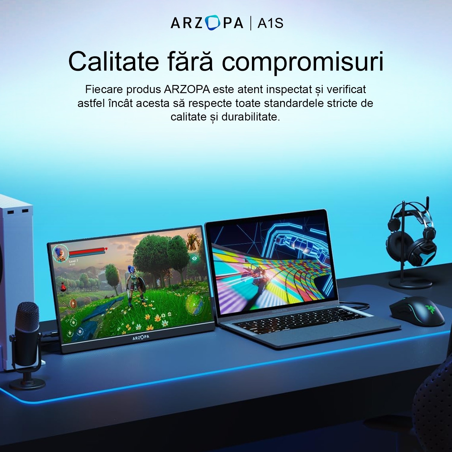 Monitor portabil ARZOPA A1S Ultra Slim, 14", Full HD, IPS, Wide, USB Type-C, Mini HDMI, Negru