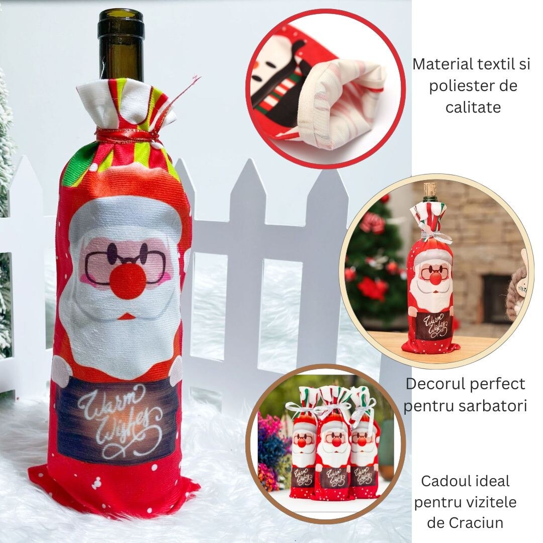 Husa Craciun pentru sticla de vin, tema Mos Craciun, material textil, 34 cm, multicolor