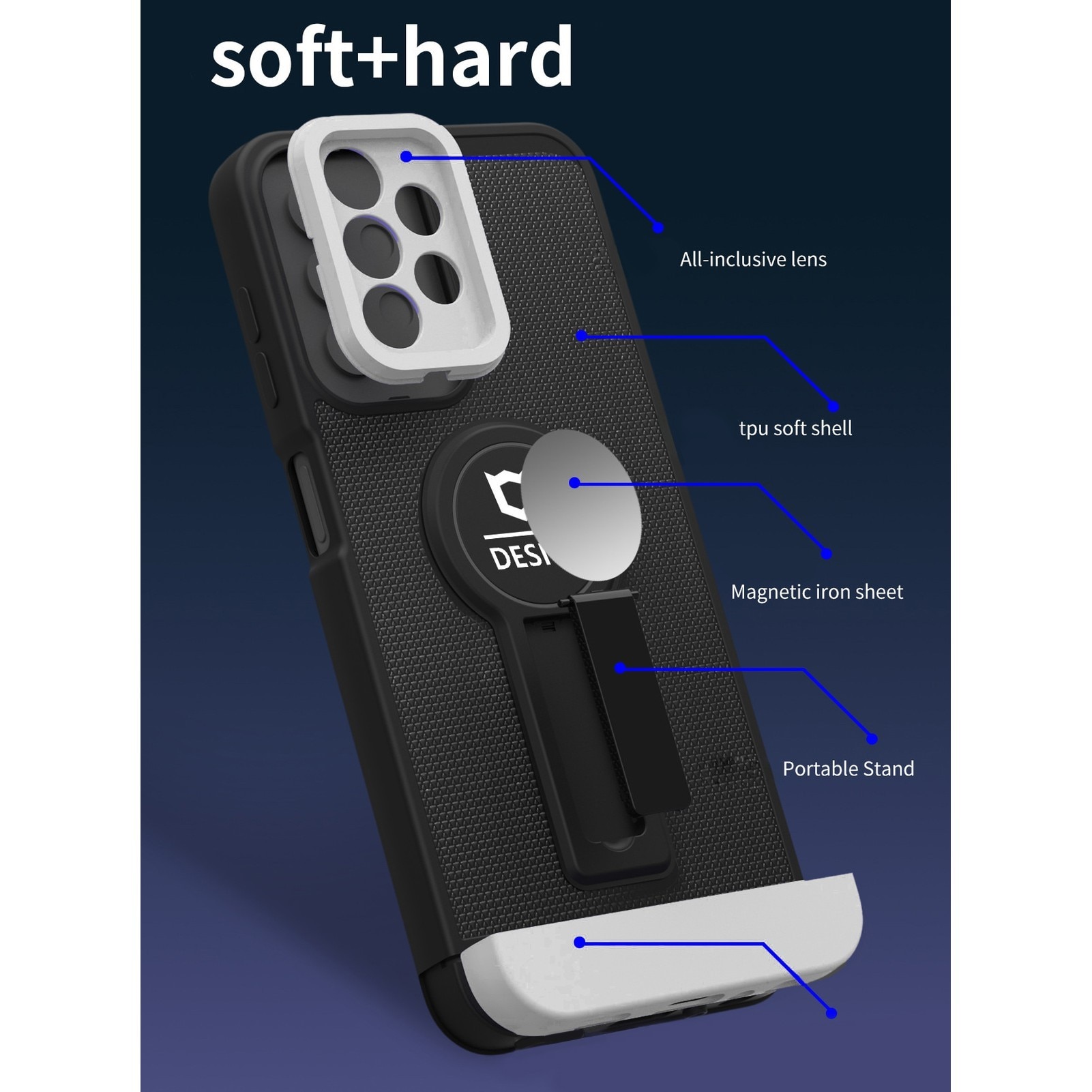Husa Armor Design cu Stand pentru Samsung A13 4G, Negru/Alb, Suport Auto Magnetic, Wireless Charge