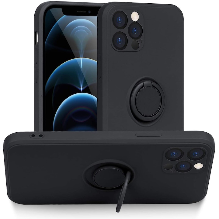 Husa protectie compatibila cu Apple iPhone 12 Pro Max Liquid Silicone Ring cu suport rotativ Negru