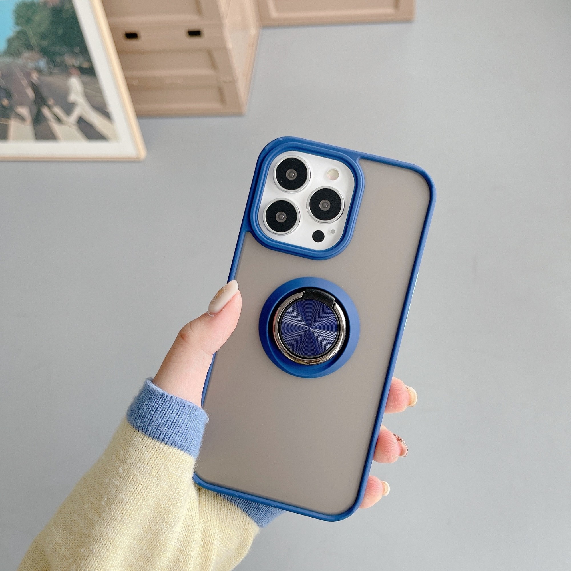 Husa de protectie compatibila cu Apple iPhone 13 Pro, Defender cu prindere inel, Albastru