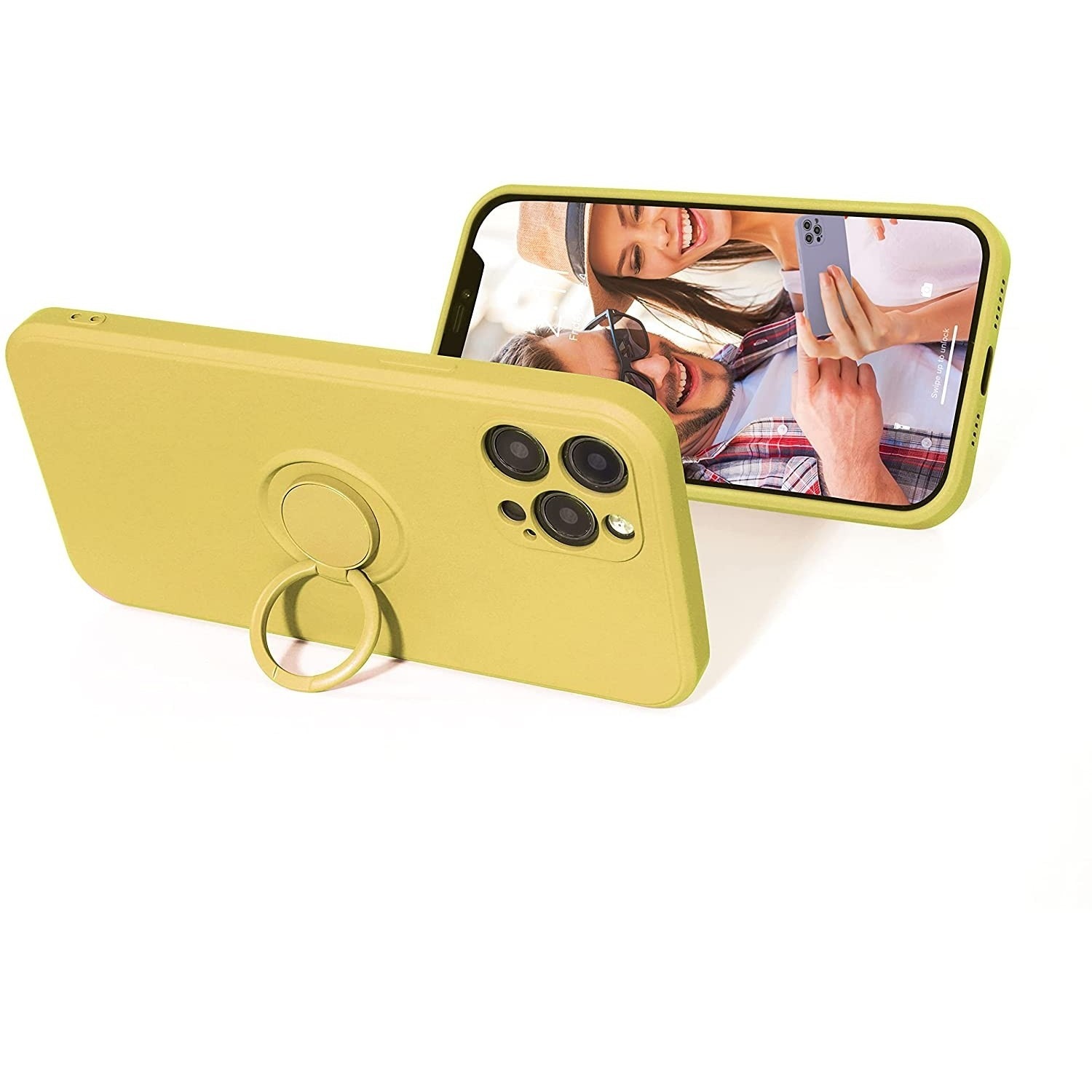 Husa protectie compatibila cu Apple iPhone 13 Pro Max Liquid Silicone Ring cu suport rotativ Galben