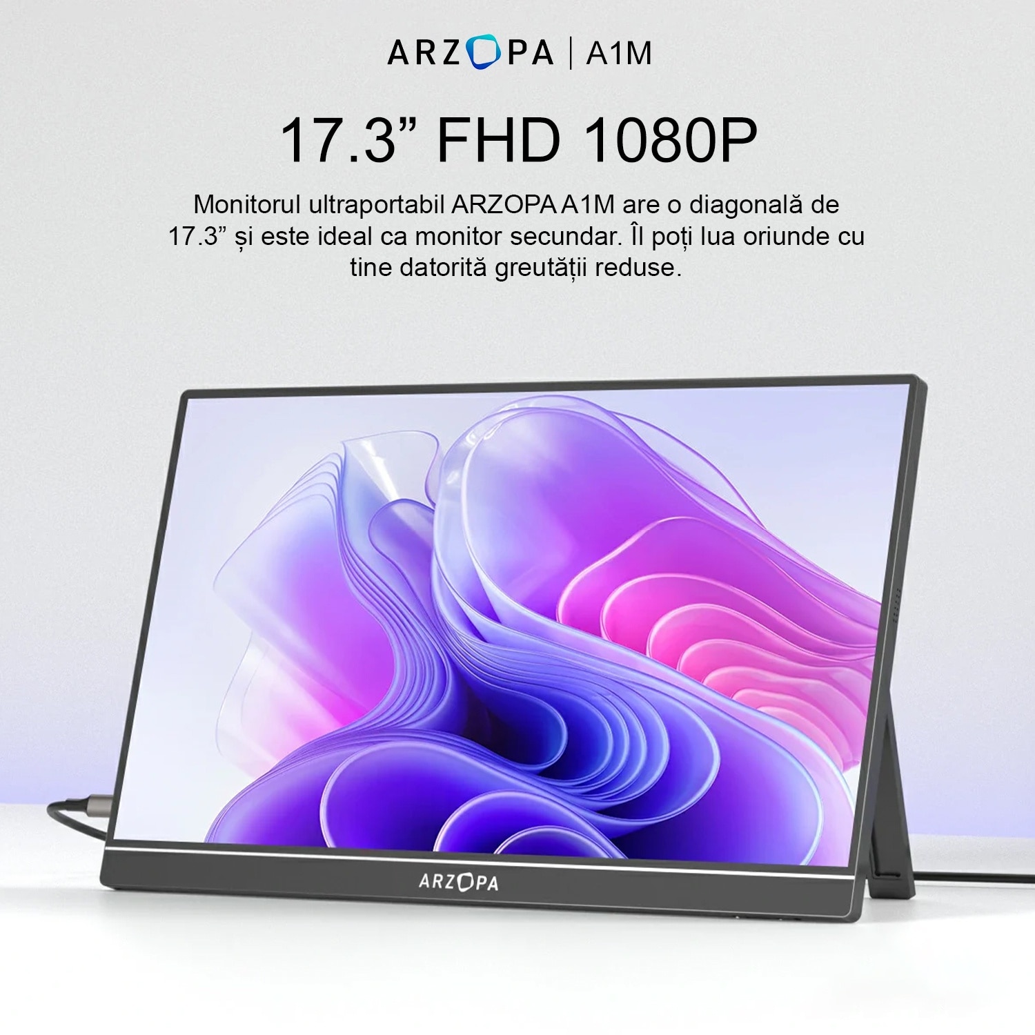 Monitor portabil ARZOPA A1M, 17.3'' FHD 1080P, Dual Speakers, HDR, USB-C, HDMI, Afisaj IPS, Negru