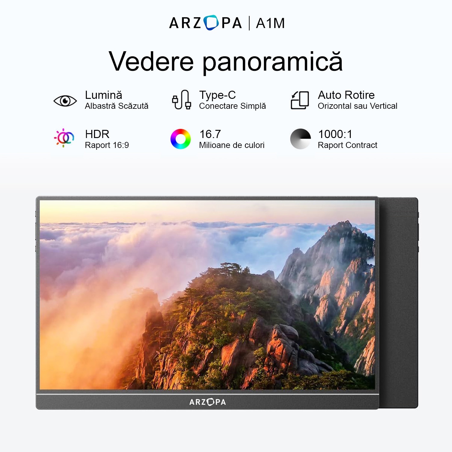 Monitor portabil ARZOPA A1M, 17.3'' FHD 1080P, Dual Speakers, HDR, USB-C, HDMI, Afisaj IPS, Negru