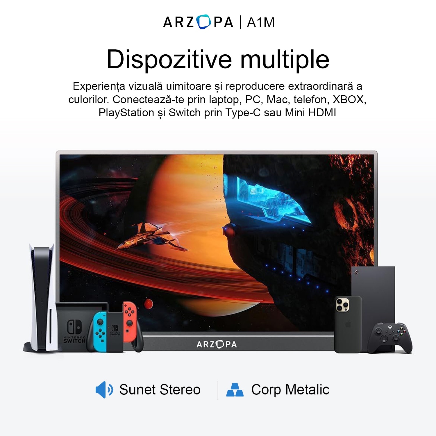 Monitor portabil ARZOPA A1M, 17.3'' FHD 1080P, Dual Speakers, HDR, USB-C, HDMI, Afisaj IPS, Negru