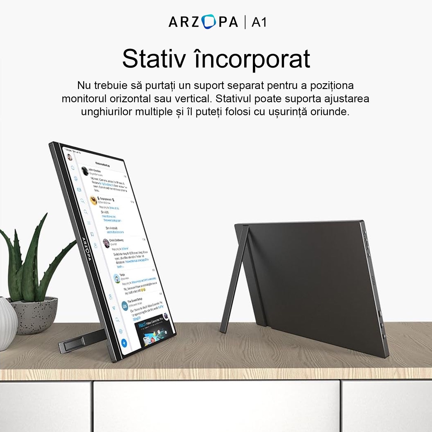 Monitor portabil ARZOPA A1 Travel, 15.6'' FHD 1080P, Dual Speakers, HDR, USB-C, HDMI, Afisaj IPS, Negru