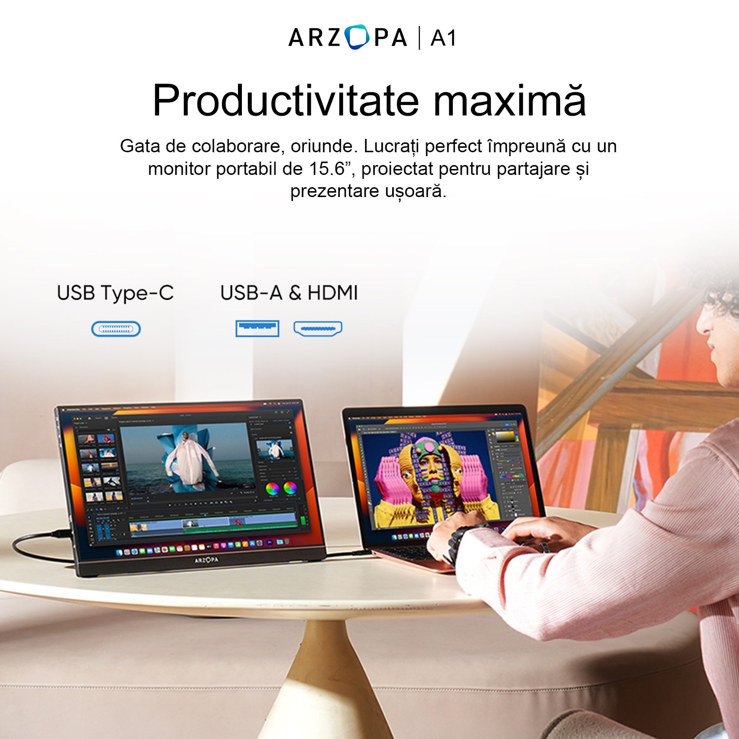 Monitor portabil ARZOPA A1 Travel, 15.6'' FHD 1080P, Dual Speakers, HDR, USB-C, HDMI, Afisaj IPS, Negru