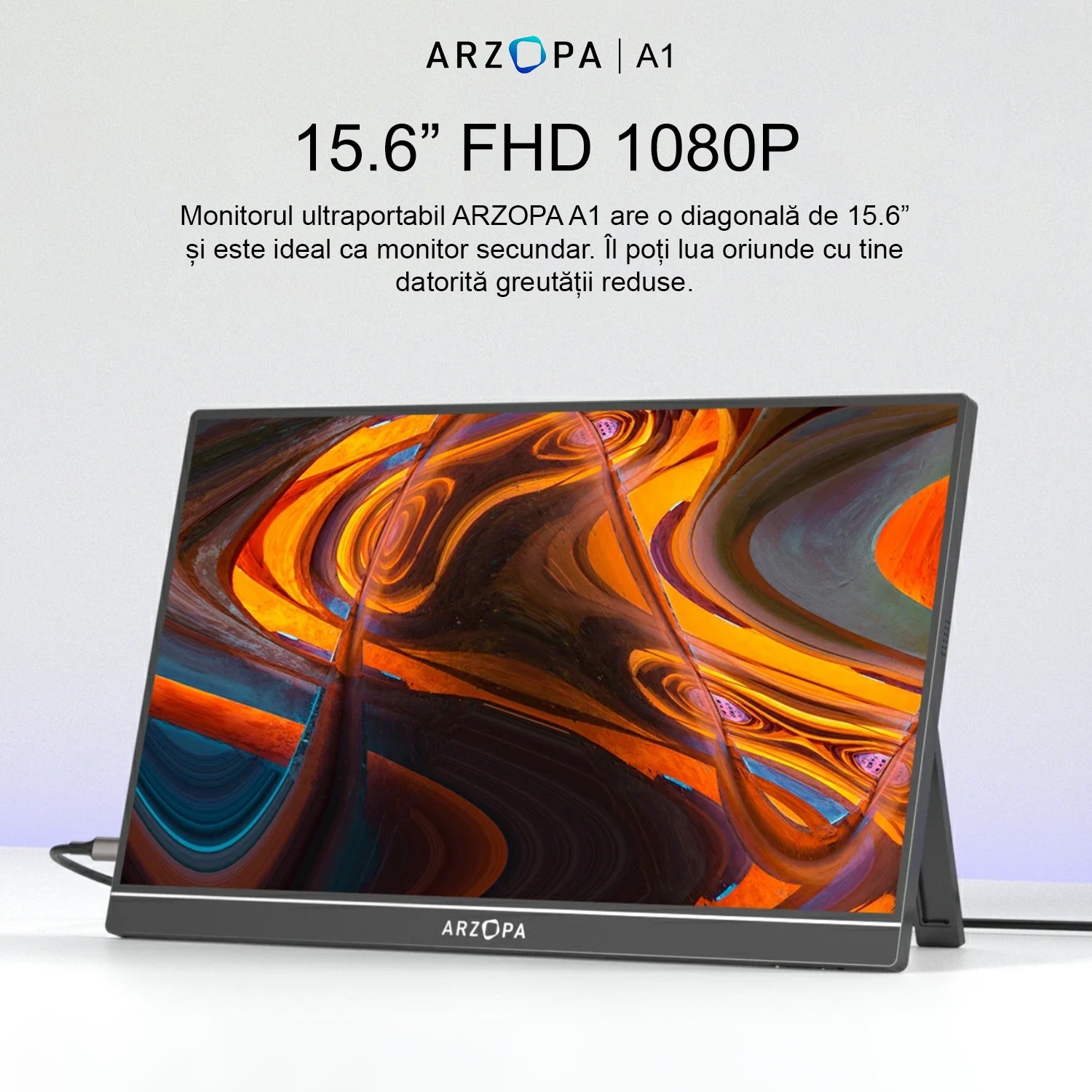 Monitor portabil ARZOPA A1 Travel, 15.6'' FHD 1080P, Dual Speakers, HDR, USB-C, HDMI, Afisaj IPS, Negru