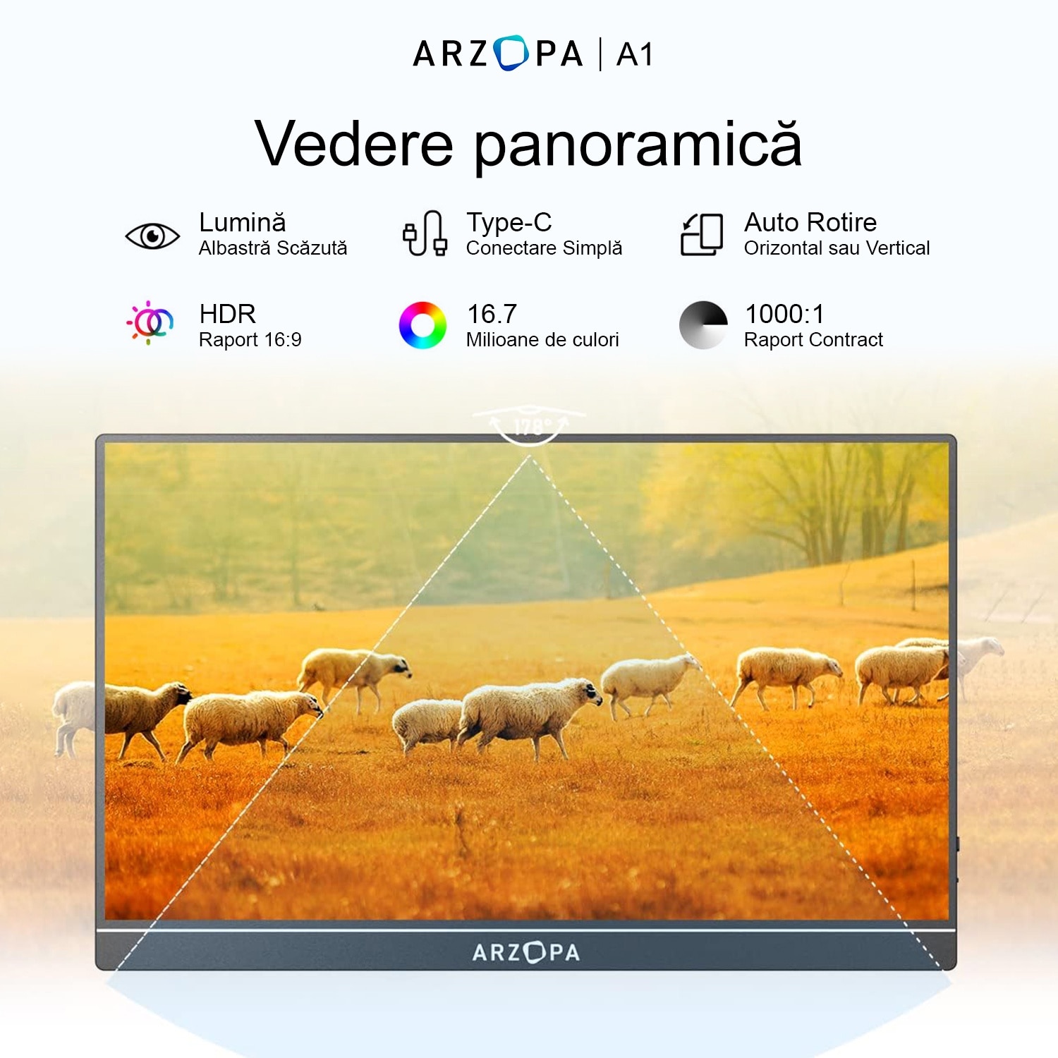 Monitor portabil ARZOPA A1 Travel, 15.6'' FHD 1080P, Dual Speakers, HDR, USB-C, HDMI, Afisaj IPS, Negru