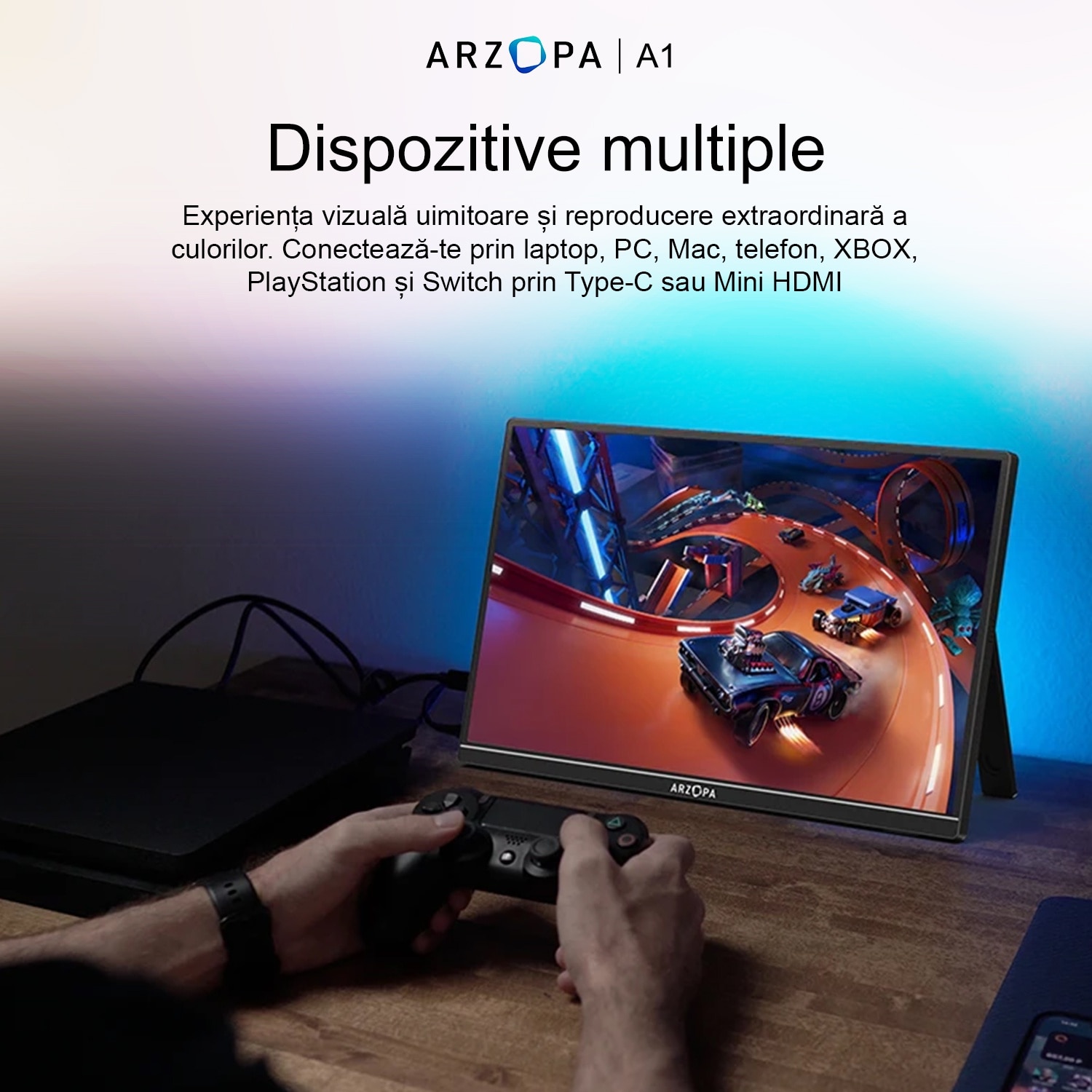 Monitor portabil ARZOPA A1 Travel, 15.6'' FHD 1080P, Dual Speakers, HDR, USB-C, HDMI, Afisaj IPS, Negru