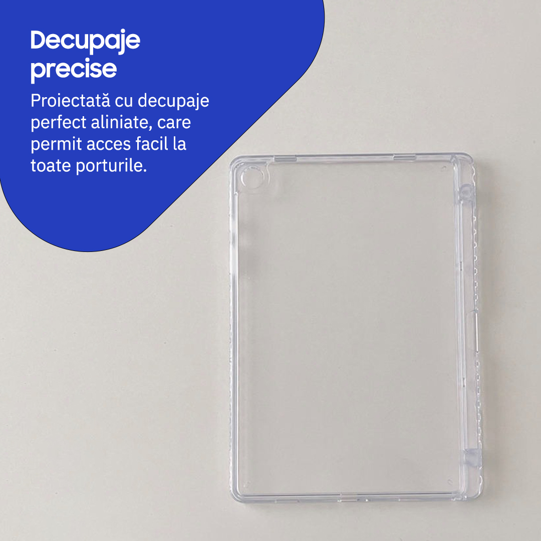 Husa de protectie telefonultau® pentru Samsung Galaxy Tab A9 8.7", silicon transparent antishock cu colturi intarite, suport integrat pentru stylus, rezistenta la socuri, ideala pentru filme, jocuri, lectii online si birou, transparenta