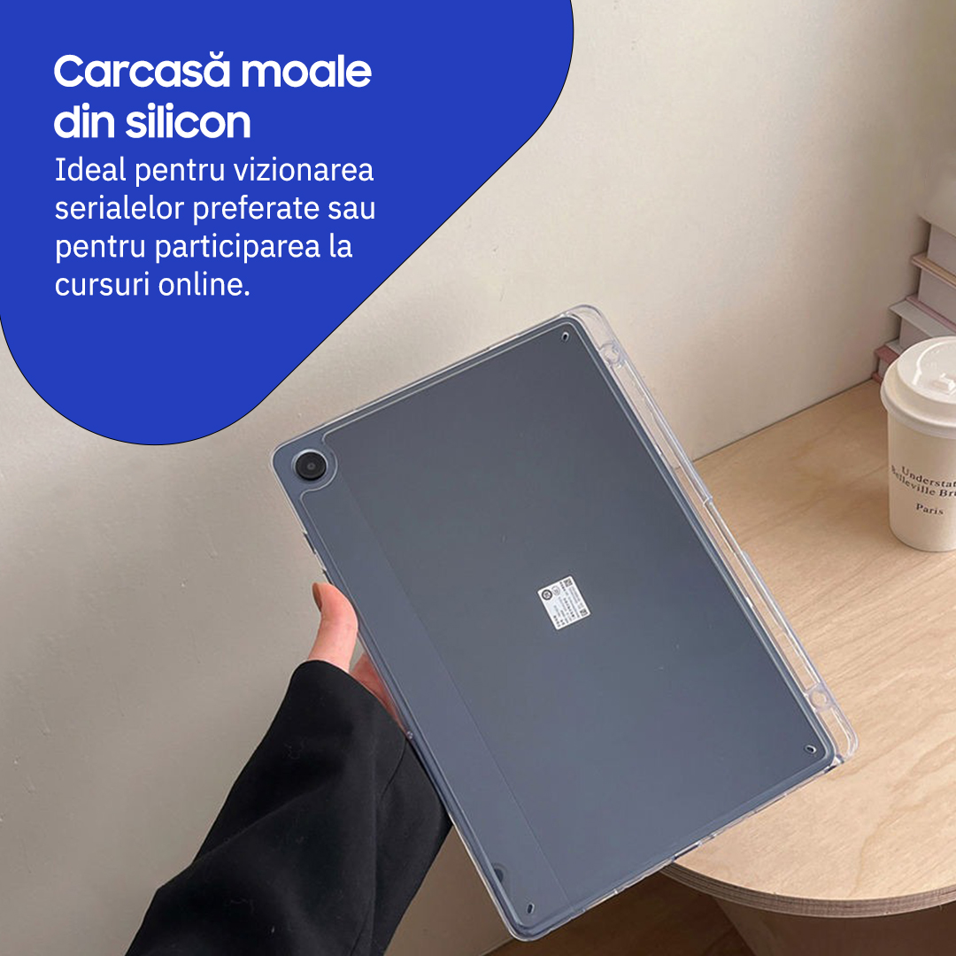 Husa de protectie telefonultau® pentru Samsung Galaxy Tab A9 8.7", silicon transparent antishock cu colturi intarite, suport integrat pentru stylus, rezistenta la socuri, ideala pentru filme, jocuri, lectii online si birou, transparenta
