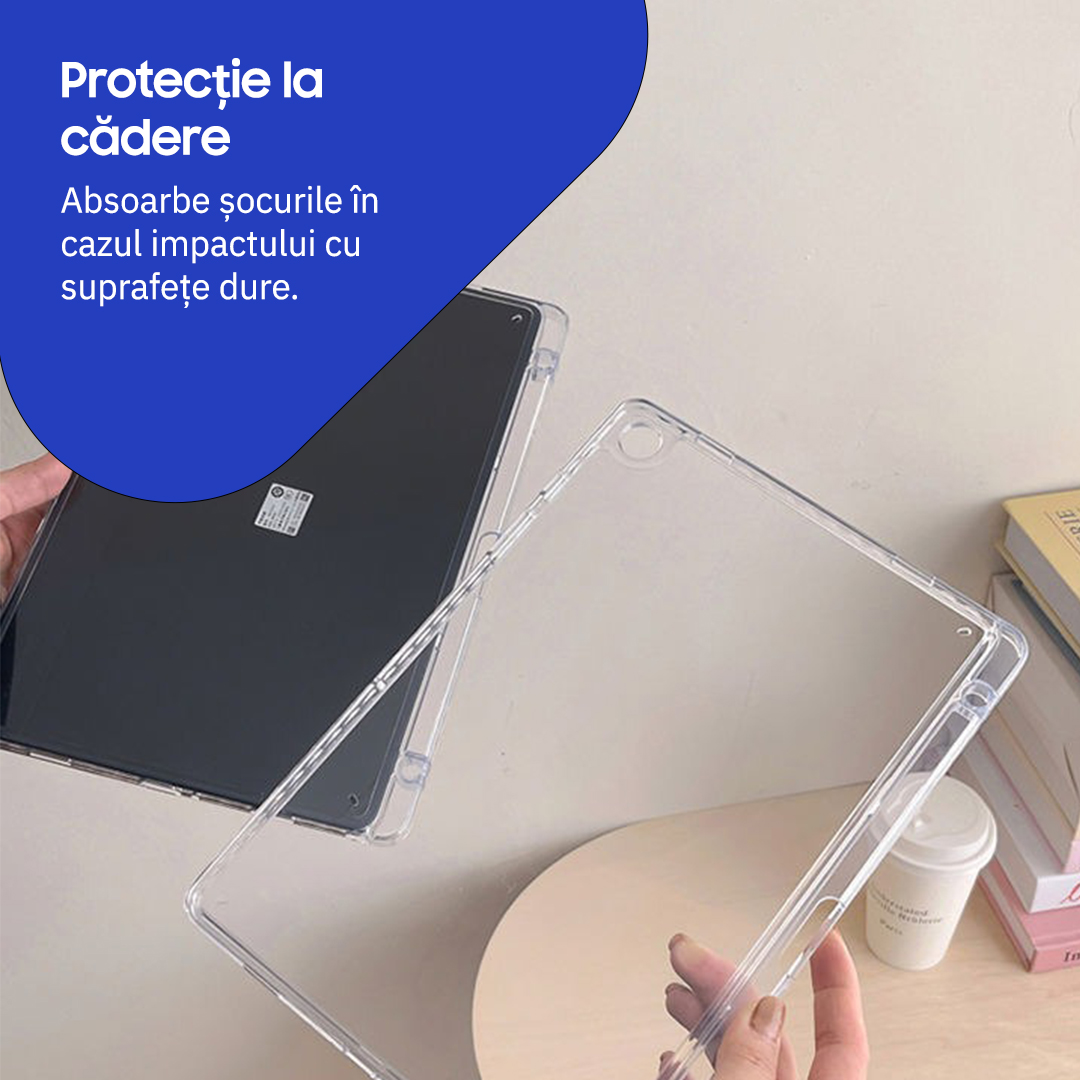 Husa de protectie telefonultau® pentru Samsung Galaxy Tab A9 8.7", silicon transparent antishock cu colturi intarite, suport integrat pentru stylus, rezistenta la socuri, ideala pentru filme, jocuri, lectii online si birou, transparenta