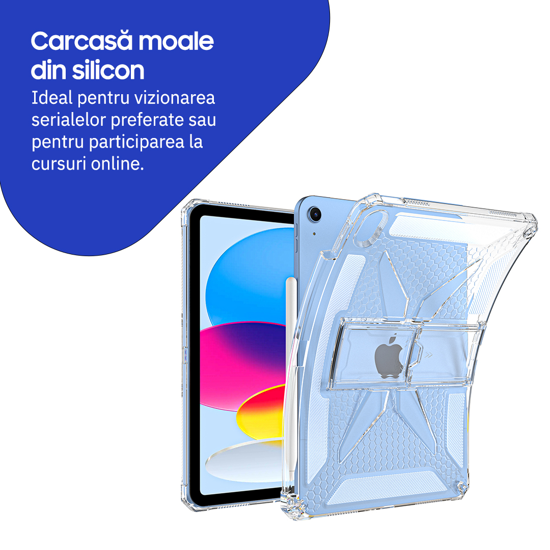 Husa de protectie telefonultau® pentru Apple iPad 11th Gen (2025), 11 inch, silicon transparent antishock cu colturi intarite, suport integrat pentru tableta si stylus, ideala pentru filme, jocuri