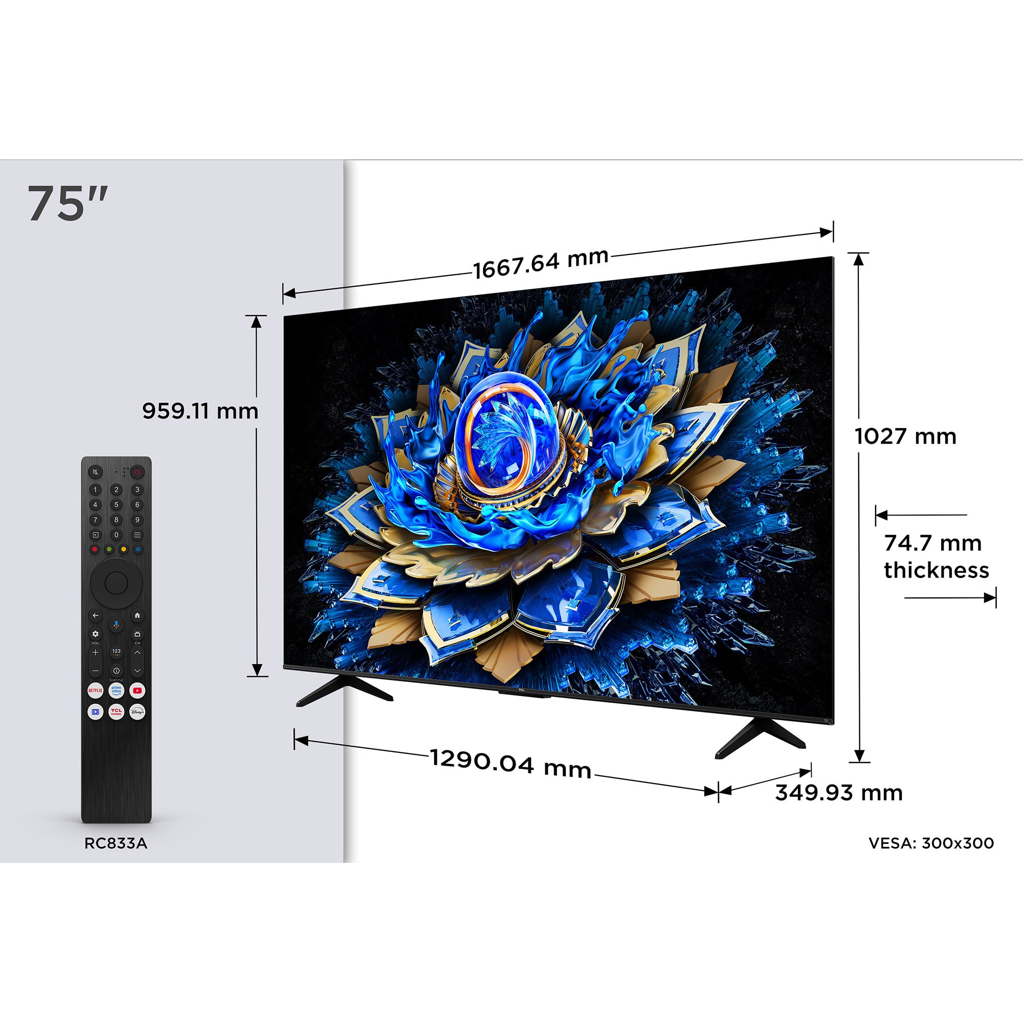 Televizor Smart QLED TCL 75T69C, 189 cm, Ultra HD 4K, Google TV, Clasa F