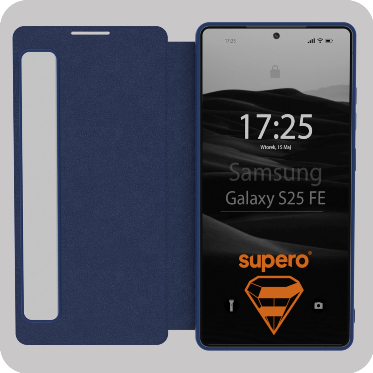 Husa tip flip, Supero, Samsung, compatibila Galaxy S25 FE, fereastra Smart View pentru notificari si apeluri, protectie 360° impotriva zgarieturilor si socurilor, piele ecologica premium, pliabila, include cod QR pentru aplicatie, negru