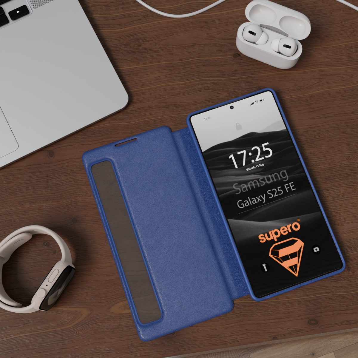 Husa tip flip, Supero, Samsung, compatibila Galaxy S25 FE, fereastra Smart View pentru notificari si apeluri, protectie 360° impotriva zgarieturilor si socurilor, piele ecologica premium, pliabila, include cod QR pentru aplicatie, negru