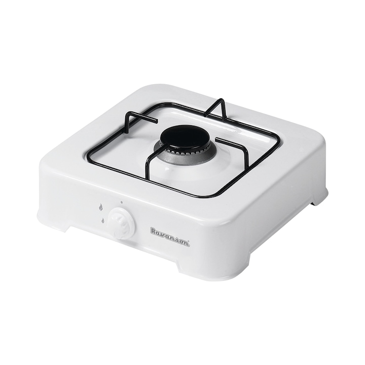 Aragaz portabil Ravanson K-01T, 1 arzator, 2,11 kW (153 g/h), compatibil G30 (LPG), alb, 340 x 304 x 105 mm