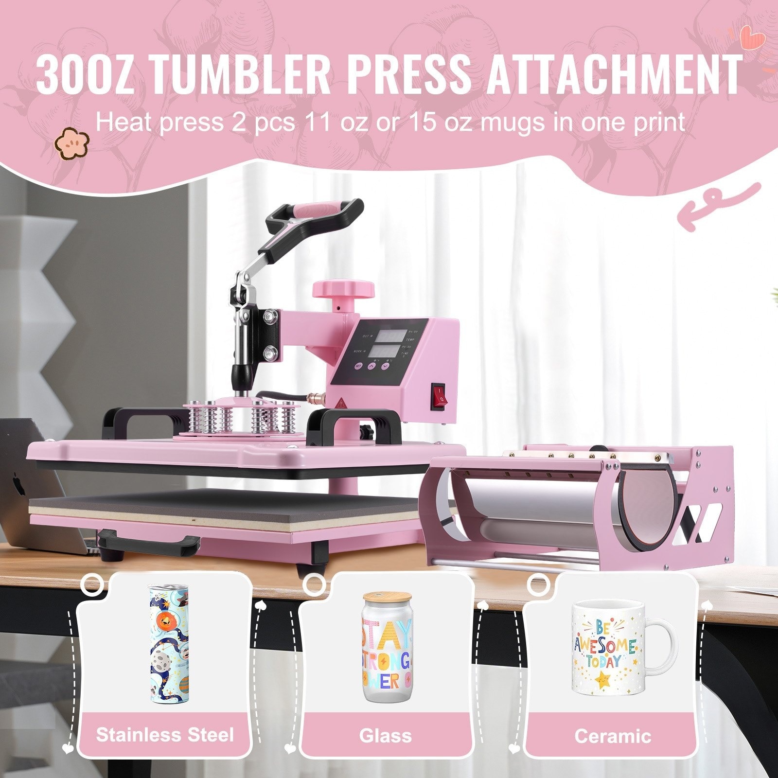 Presa termica multifunctionala 8 in 1, 300 × 380 mm, pentru tricouri, cani, sepci si farfurii, pentru pahare termos de 180–890 ml, rotire la 360°, control digital precis, roz