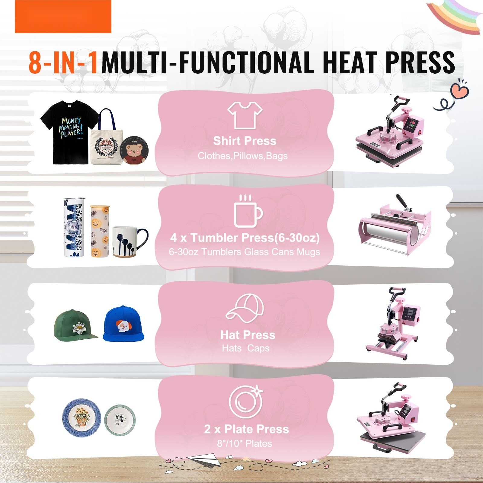 Presa termica multifunctionala 8 in 1, 300 × 380 mm, pentru tricouri, cani, sepci si farfurii, pentru pahare termos de 180–890 ml, rotire la 360°, control digital precis, roz