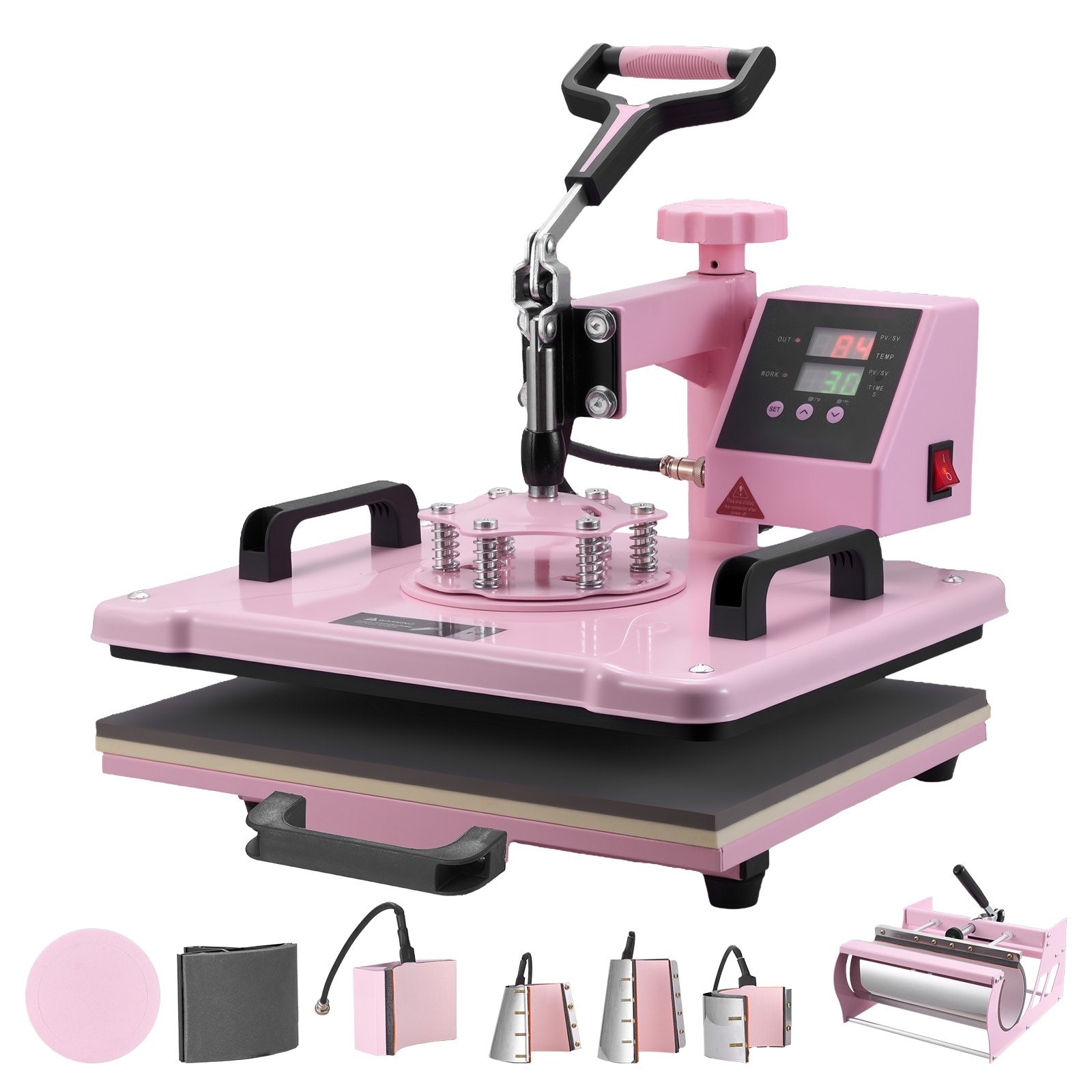 Presa termica multifunctionala 8 in 1, 300 × 380 mm, pentru tricouri, cani, sepci si farfurii, pentru pahare termos de 180–890 ml, rotire la 360°, control digital precis, roz