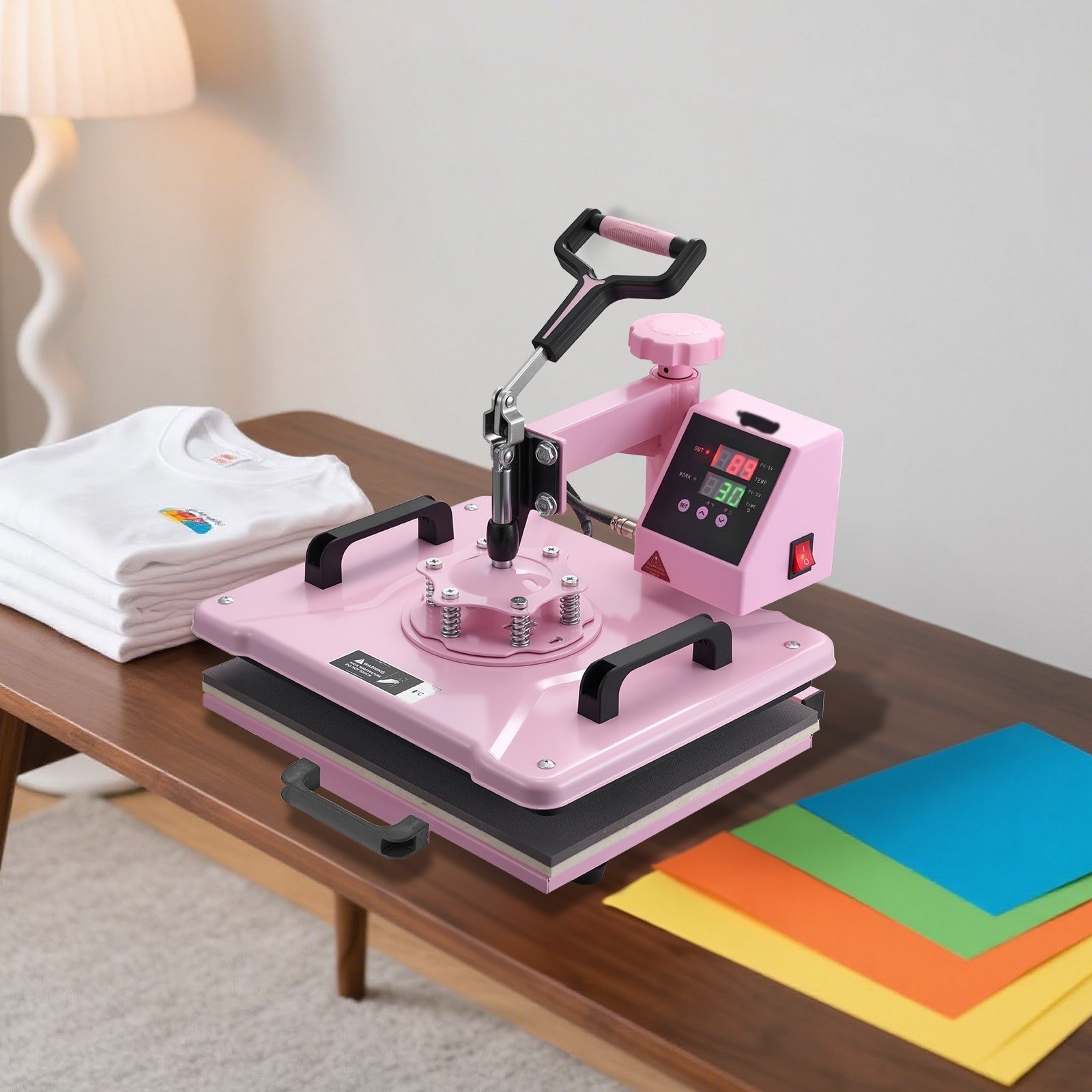 Presa termica multifunctionala 8 in 1, 300 × 380 mm, pentru tricouri, cani, sepci si farfurii, pentru pahare termos de 180–890 ml, rotire la 360°, control digital precis, roz
