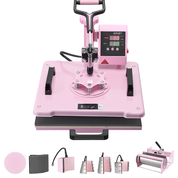 Presa termica multifunctionala 8 in 1, 300 × 380 mm, pentru tricouri, cani, sepci si farfurii, pentru pahare termos de 180–890 ml, rotire la 360°, control digital precis, roz