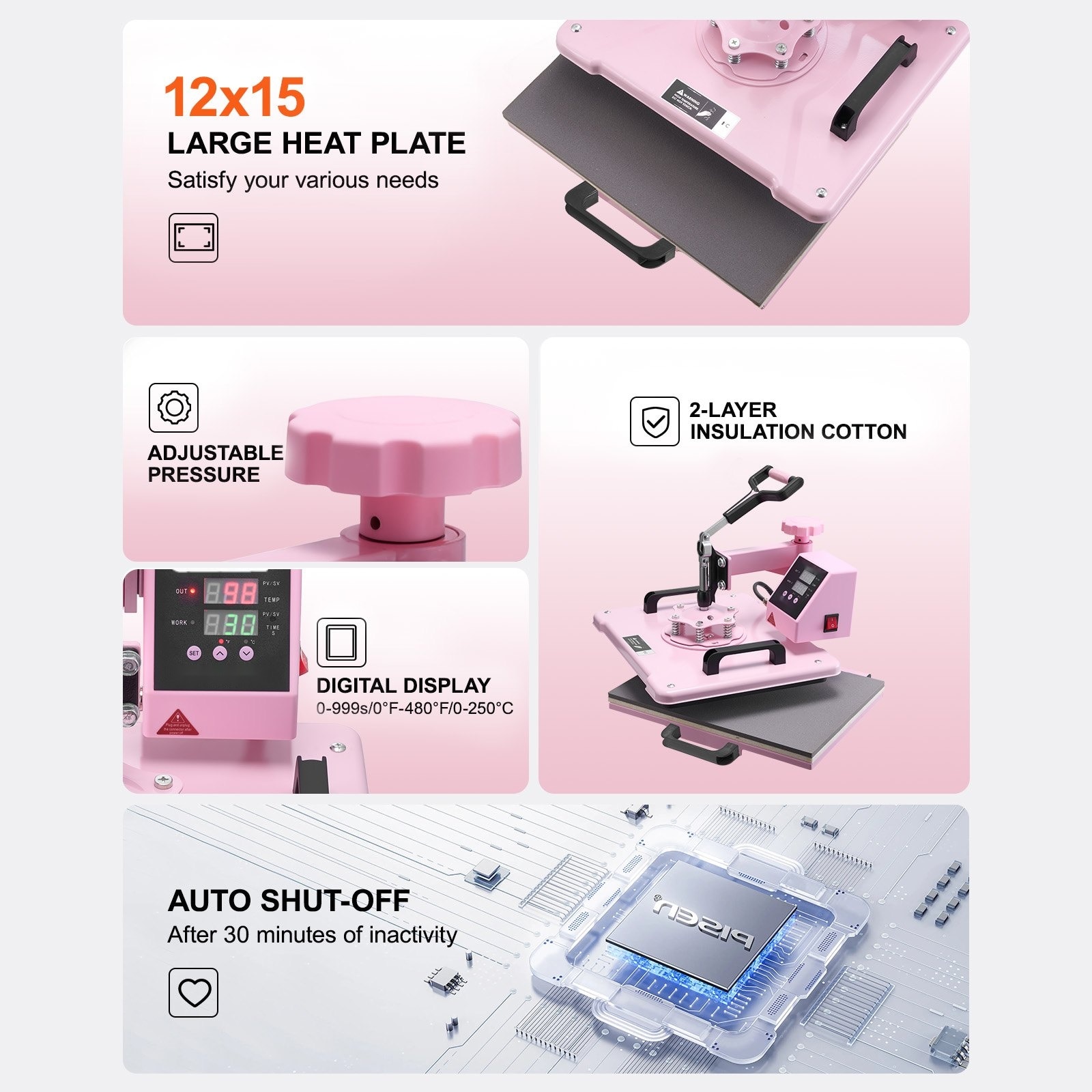 Presa termica multifunctionala 8 in 1, 300 × 380 mm, pentru tricouri, cani, sepci si farfurii, pentru pahare termos de 180–890 ml, rotire la 360°, control digital precis, roz