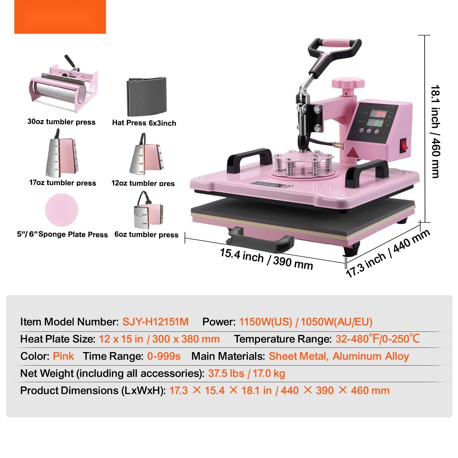 Presa termica multifunctionala 8 in 1, 300 × 380 mm, pentru tricouri, cani, sepci si farfurii, pentru pahare termos de 180–890 ml, rotire la 360°, control digital precis, roz