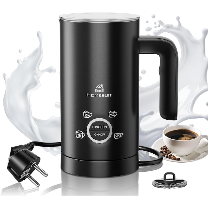Aparat pentru spumare lapte electric Homesuit 4 in 1, 300 ml, 500W, spuma calda si rece, invelis antiaderent, oprire automata, baza fara fir 360 grade, negru