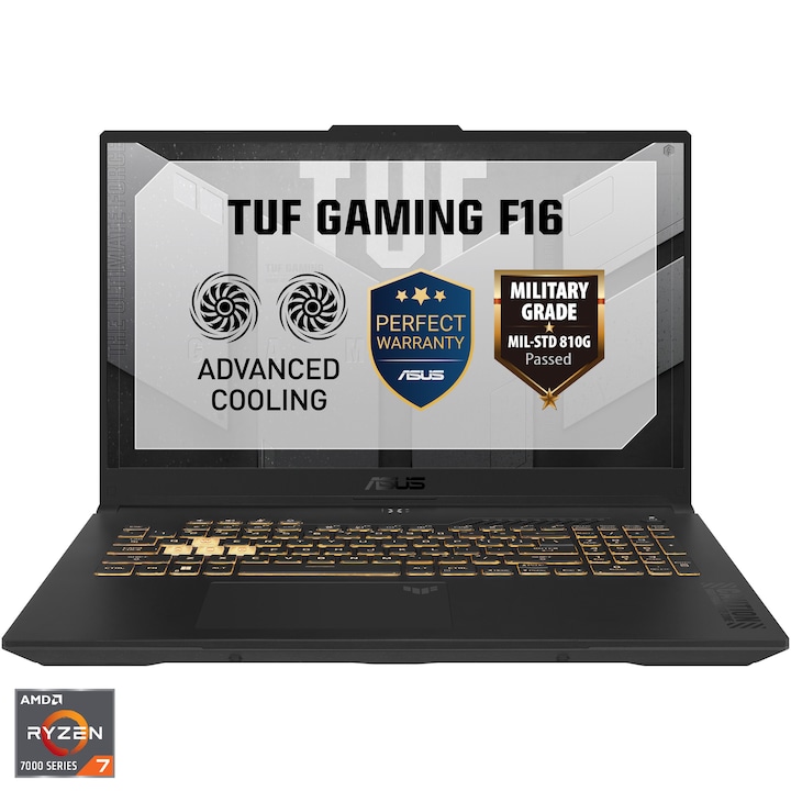 Laptop Asus TUF A17 FA707NUG-HX156, 17.3 inch 1920 x 1080, AMD 7445HS 6 C / 12 T, 3.55 GHz - 4.7 GHz, 6 MB 16 MB cache, 16 GB DDR5, 512 GB SSD, Nvidia GeForce RTX 4050, Fara sistem de operare