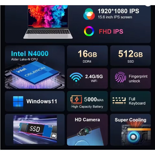 Laptop XIAORAN 15.6", Intel Celeron N400, 16GB RAM, 512GB SSD, Argintiu, Windows 11