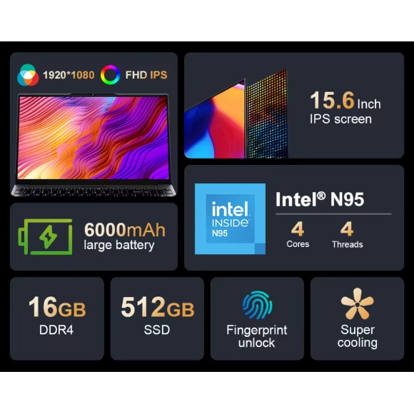 Laptop Gaming Ninkear, N15 Air, 15.6", Intel Celeron N95, 16GB RAM, 512GB SSD, Argintiu