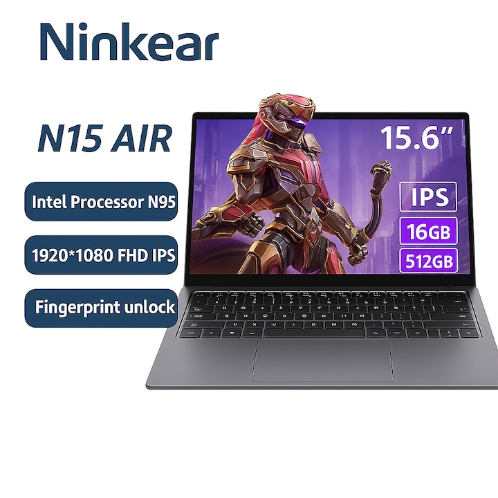 Laptop Gaming Ninkear, N15 Air, 15.6", Intel Celeron N95, 16GB RAM, 512GB SSD, Argintiu