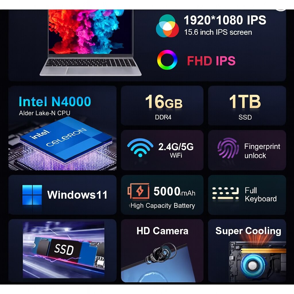 Laptop Xiaoran, 15.6" cu procesor Intel Celeron N400 Alder Lake-N, 16GB RAM DDR4, 1TB SSD, 1920*1080 IPS, Windows 11, Intel® UHD Graphics, 5000mAh, Argintiu