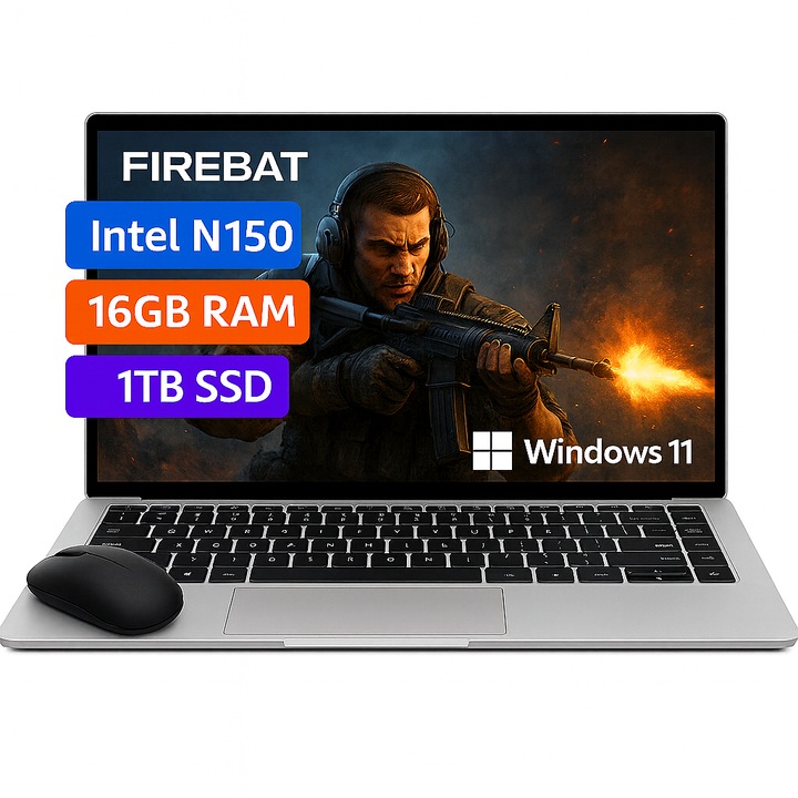 Laptop Gaming 15.6" FireBat Intel Celeron N150, 16GB RAM DDR4, 1TB SSD, 1920x1080 IPS, Tastatura iluminata, Windows 11, Intel® UHD Graphics, 5000mAh, Argintiu