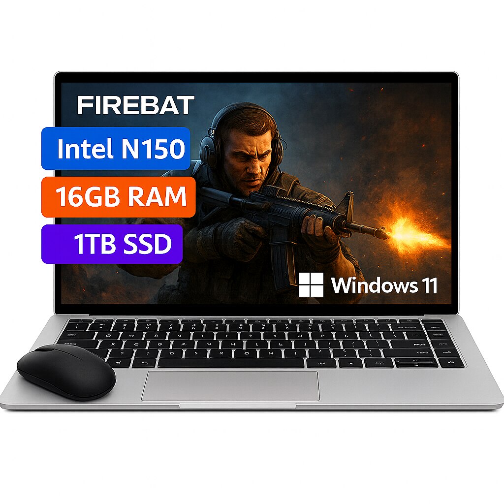 Laptop Gaming 15.6" FireBat Intel Celeron N150, 16GB RAM DDR4, 1TB SSD, 1920x1080 IPS, Tastatura iluminata, Windows 11, Intel® UHD Graphics, 5000mAh, Argintiu
