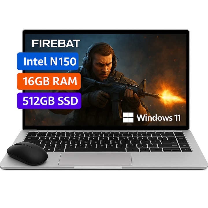 Laptop Gaming FIREBAT 15.6", Intel Celeron N150, 16GB RAM, 512GB SSD, Argintiu, Windows 11