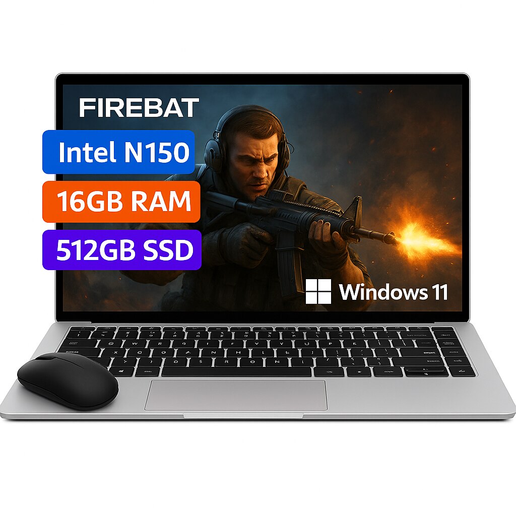 Laptop Gaming FIREBAT 15.6", Intel Celeron N150, 16GB RAM, 512GB SSD, Argintiu, Windows 11