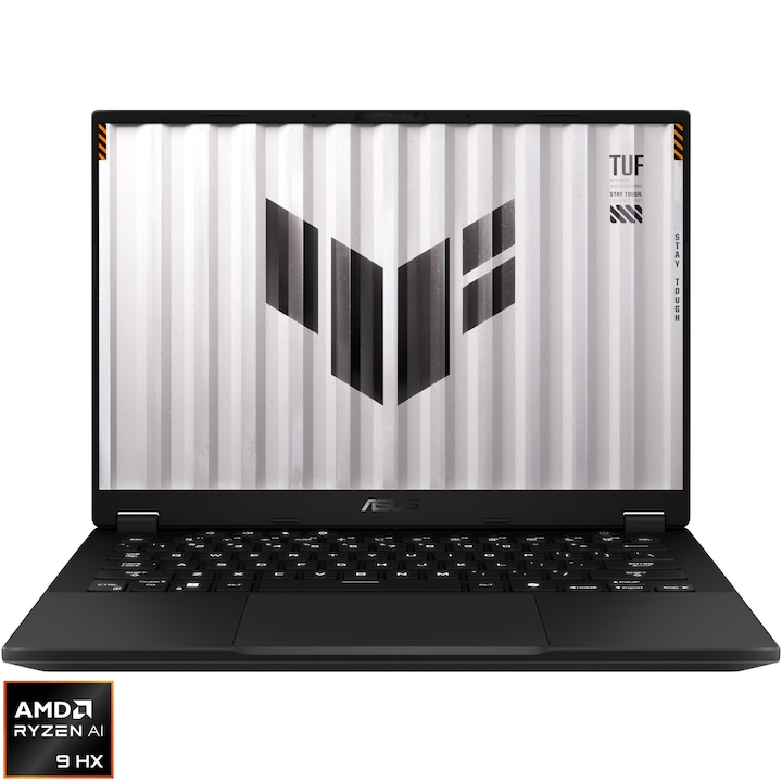Laptop Gaming ASUS TUF A14 FA401WU cu procesor AMD Ryzen™ AI 9 HX 370 pana la 5.10 GHz, 14", 2.5K, IPS, 165Hz, 16GB LPDDR5X, 1TB SSD, NVIDIA® GeForce RTX™ 4050 6GB GDDR6 TGP 100W, No OS, Jaeger Gray