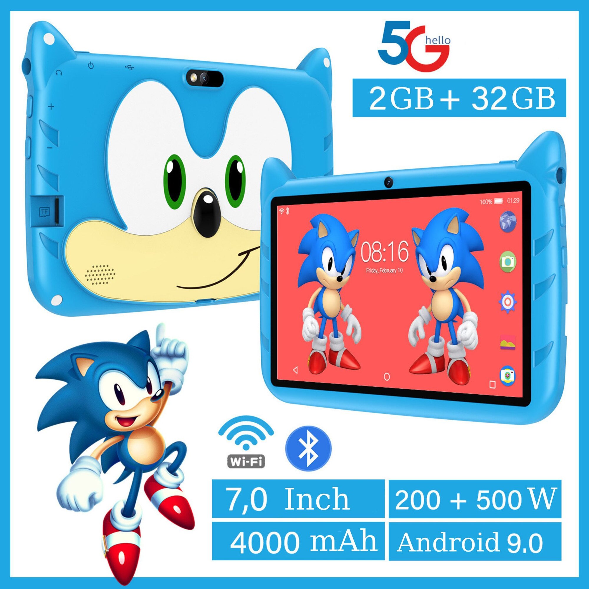 Tableta Educationala pentru Copii 7 Inch e-Wantay®, Android, Sonic, 3-12 ani, 2GB RAM, 32GB ROM, Camera Foto Dubla, Bluetooth, WiFi, Carcasa Rezistenta, Folie de Protectie + Stilou + 5 Jucarii Educationale, Albastra