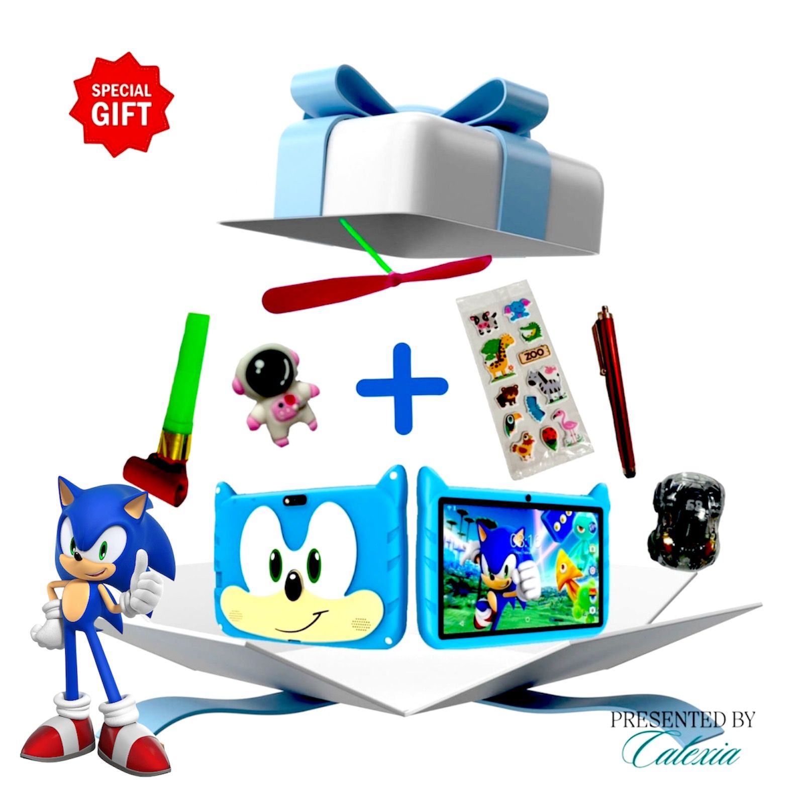 Tableta Educationala pentru Copii 7 Inch e-Wantay®, Android, Sonic, 3-12 ani, 2GB RAM, 32GB ROM, Camera Foto Dubla, Bluetooth, WiFi, Carcasa Rezistenta, Folie de Protectie + Stilou + 5 Jucarii Educationale, Albastra