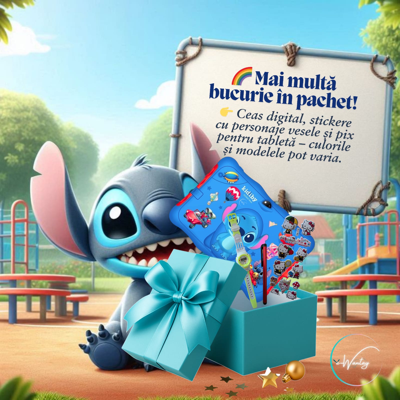 Tableta Educationala Copii e-Wantay® Kidiby~Stitch 7” HD, Android, 2GB RAM + 32GB, Jocuri Educative, Control Parental, Camera Foto Dubla, Bluetooth, WiFi, Baterie 3000mAh, Carcasa Rezistenta cu Suport, Folie de Protectie +Surprize pentru Copii Incluse