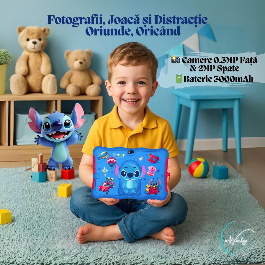 Tableta Educationala Copii e-Wantay® Kidiby~Stitch 7” HD, Android, 2GB RAM + 32GB, Jocuri Educative, Control Parental, Camera Foto Dubla, Bluetooth, WiFi, Baterie 3000mAh, Carcasa Rezistenta cu Suport, Folie de Protectie +Surprize pentru Copii Incluse