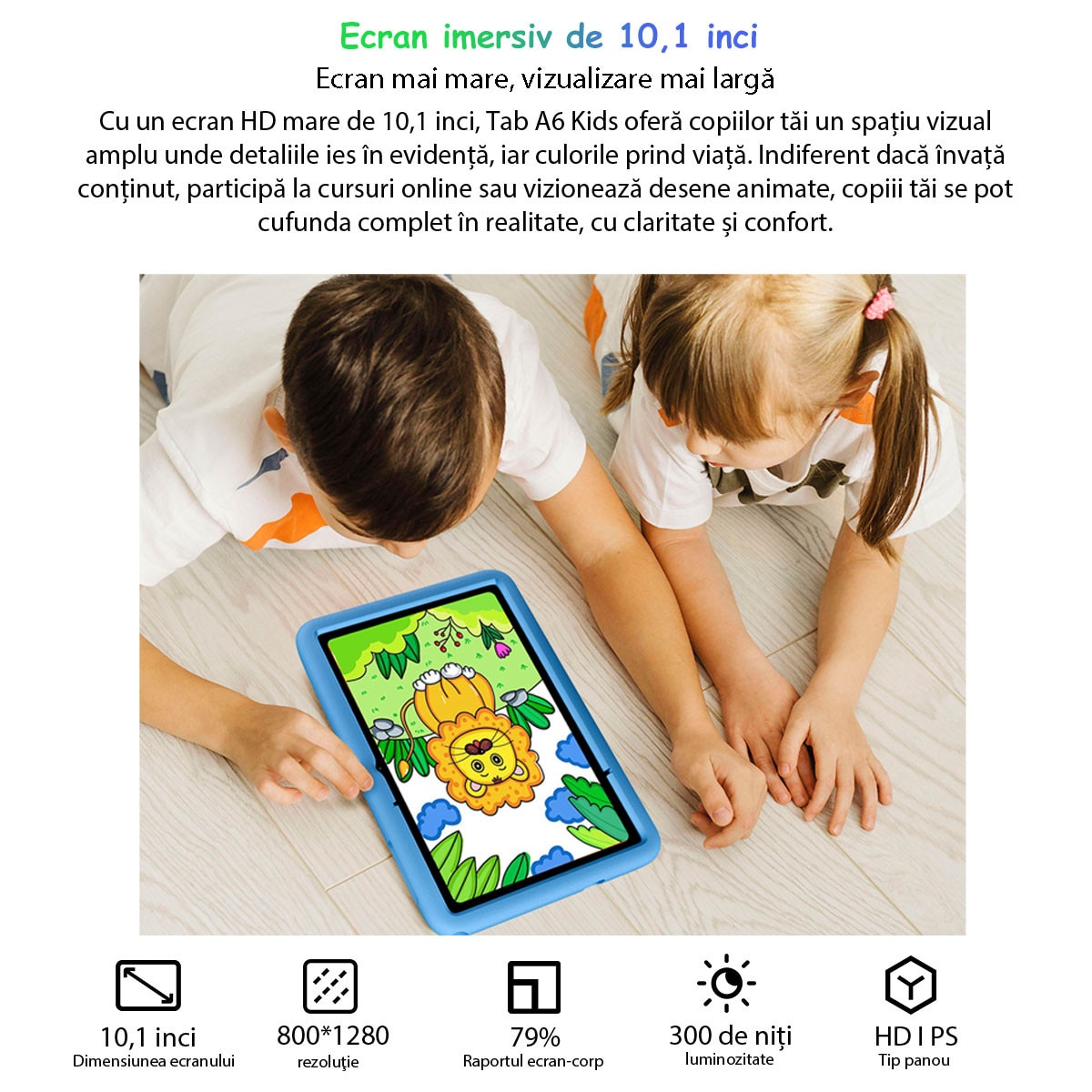 Tableta pentru copii Blackview Tab A6 Kids, Android 14, 10.1", 60Hz, 12GB Ram(4GB + 8GB extensibili), 128GB Rom, 800x1280, 5100mAh, 8 nuclee, WIFI6 (2.4G+5G), Card TF, Tableta educationala, Albastru